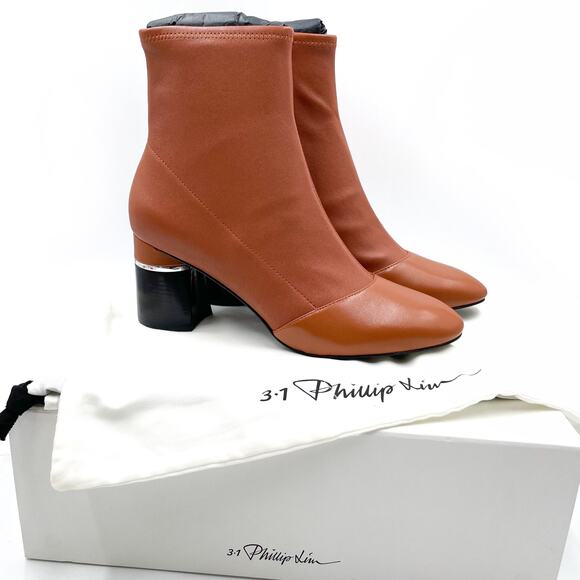 3.1 Phillip Lim Drum Boots Ankle Cognac Brown Leather Block Heel Sz 40.5 / 10 - Picture 2 of 11